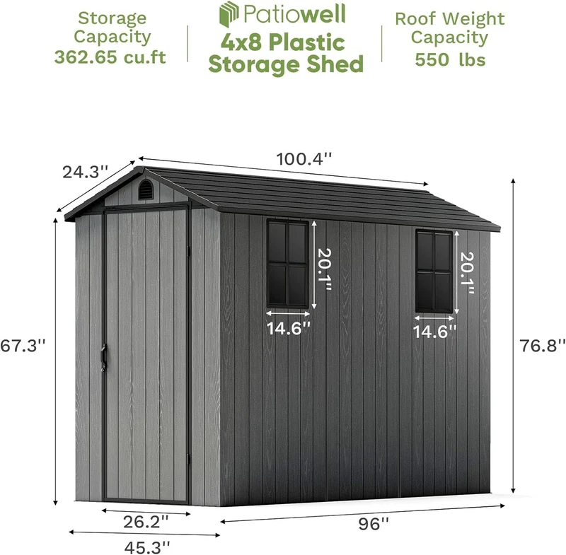 4X8 FT Plastic Outdoor Storage Shed with Floor, Resin outside Shed with Windows and Lockable Door for Backyard Garden Patio Lawn, Easy Installation, Gray (Fit-It Shed)