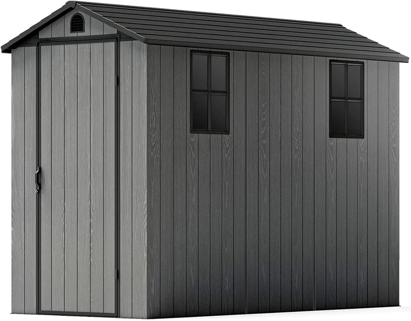 4X8 FT Plastic Outdoor Storage Shed with Floor, Resin outside Shed with Windows and Lockable Door for Backyard Garden Patio Lawn, Easy Installation, Gray (Fit-It Shed)