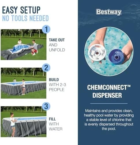 Bestway Power Steel 18′ x 9′ x 48″ Rectangular Metal Frame Above Ground Outdoor Swimming Pool Set with 1,500 GPH Filter Pump, Ladder, and Pool Cover