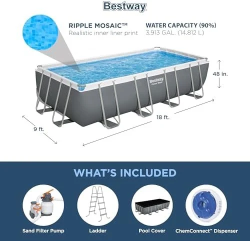 Bestway Power Steel 18′ x 9′ x 48″ Rectangular Metal Frame Above Ground Outdoor Swimming Pool Set with 1,500 GPH Filter Pump, Ladder, and Pool Cover