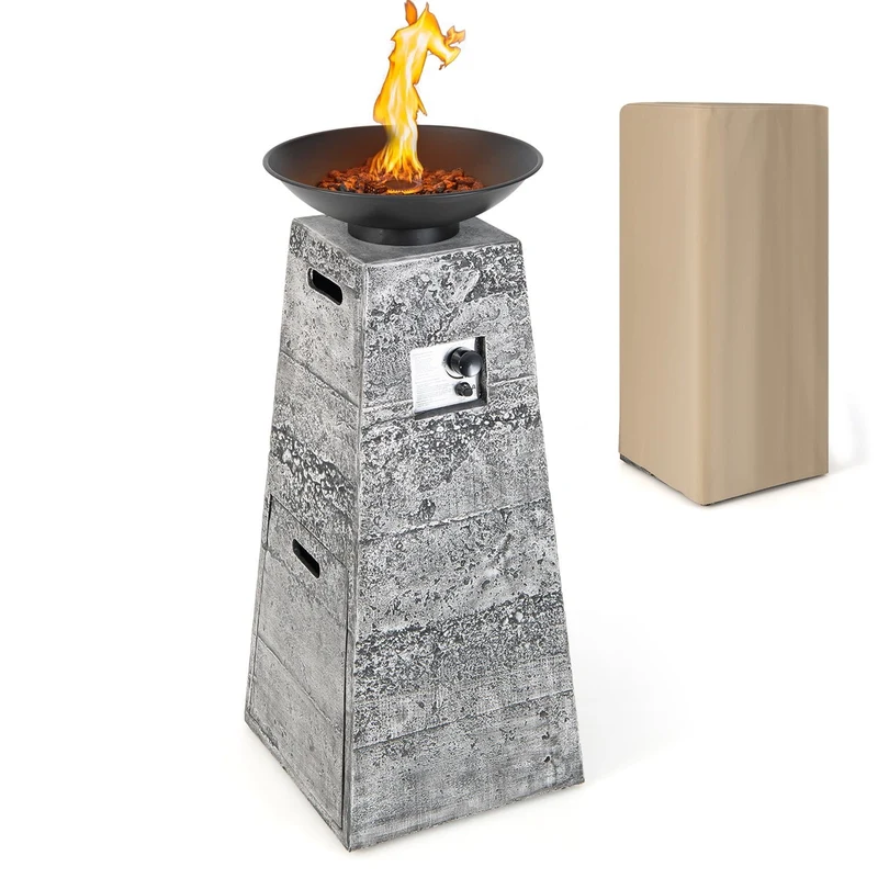 Costway 48 Inch Propane Fire Bowl Column with Lava Rocks and PVC Cover