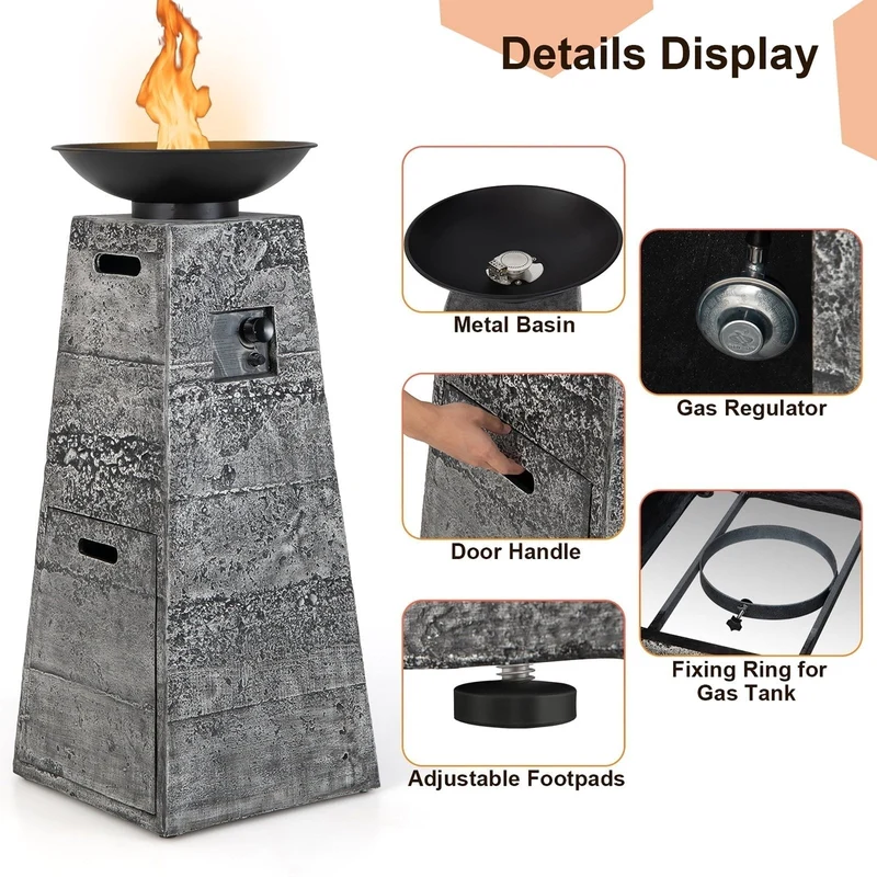 Costway 48 Inch Propane Fire Bowl Column with Lava Rocks and PVC Cover