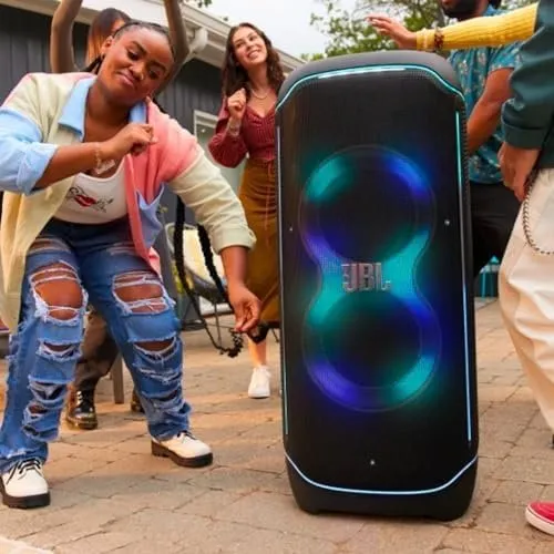 JBL Partybox Ultimate – Multi Purpose Party Speaker, with Wi-fi & Bluetooth Connectivity, Wireless, Lightshow, IPx4 Slashproof, Dual Mic & Guitar Inputs, Handle & Sturdy Wheels, Black