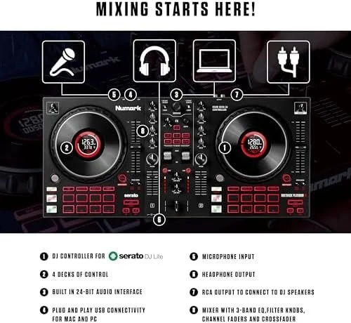 Numark Mixtrack Platinum FX Serato DJ Controller with Jog Wheel Displays, 4 Decks, Mixer, Effects Paddles and (Audio Interface)
